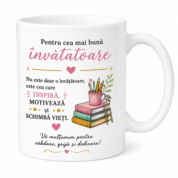 Cana Personalizata pentru Invatatoare – “Pentru Cea Mai Buna Invatatoare” – Cadou Scoala, Profesor, Cadru Didactic – Ceramica 330 ml, Alba