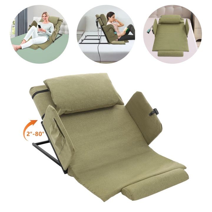 Регулируема електрическа основа за легло, Тип легло за грижи, Капацитет 300 кг, Облегалка и опора за крака, Кабелно дистанционно управление, Ъгъл 2–80°, ЕС щепсел, Зелен