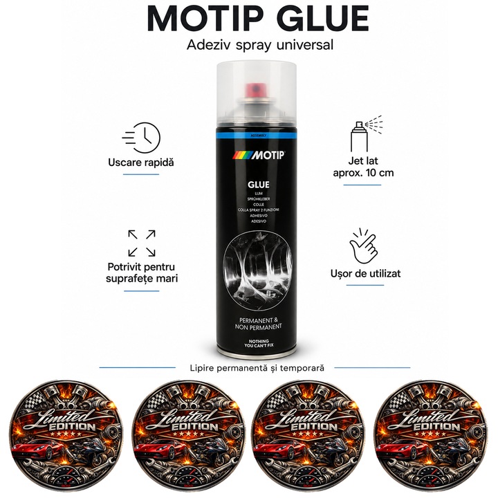 Spray Adeziv MOTIP Glue, Lipire Permanenta si Temporara, pentru Hartie, Carton, Lemn, Textile, Pluta, Piele si Plastic, Uscare Rapida, Aplicare Uniforma, 500 ml, 4x Stickere auto