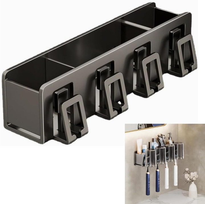 Suport pentru periuta de dinti si pahar, suport pentru periuta de dinti electrica montat pe perete, depozitare pentru periuta de dinti cu compartiment, organizator de baie pentru periuta de dinti, pasta de dinti, aparat de ras, pieptene