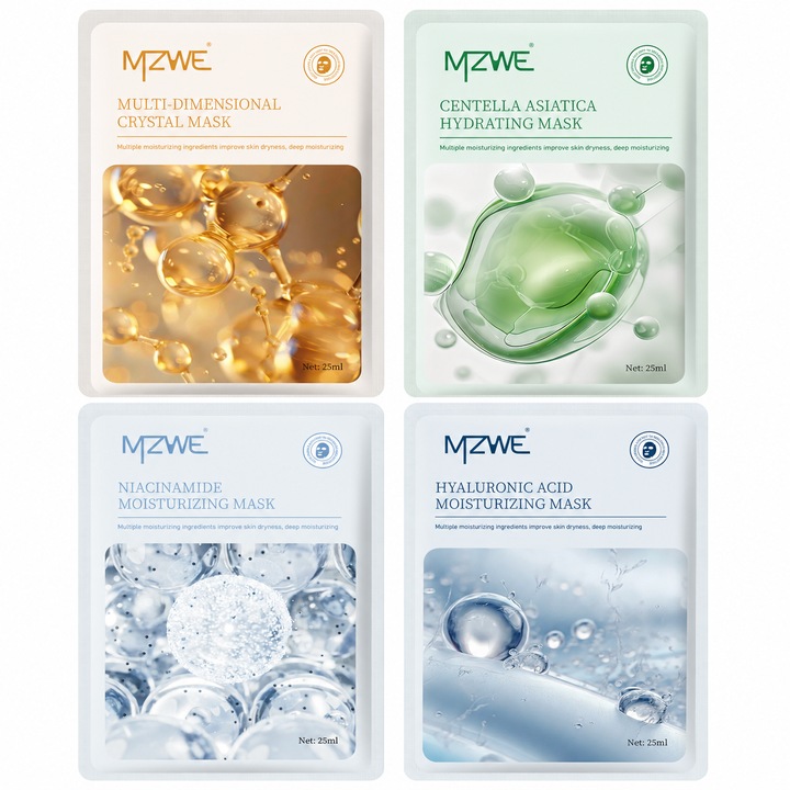 MZWE Koreai Arcmaszk Szett 4 db-os Felfedező Mix: Centella + Hialuronsav + Niacinamid + Multi-Dimenziós Kristály, Vegán, Bio Pamut, 4x25ml