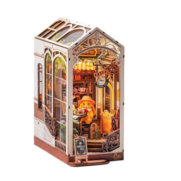 3D fa puzzle, DIY könyvgerinc LED világítással és érintőgombbal, vintage mini kávézó terasszal és virágdíszítéssel, könyvtári és polcdísz, 171 darab, felnőtteknek és +14 éves gyermekeknek
