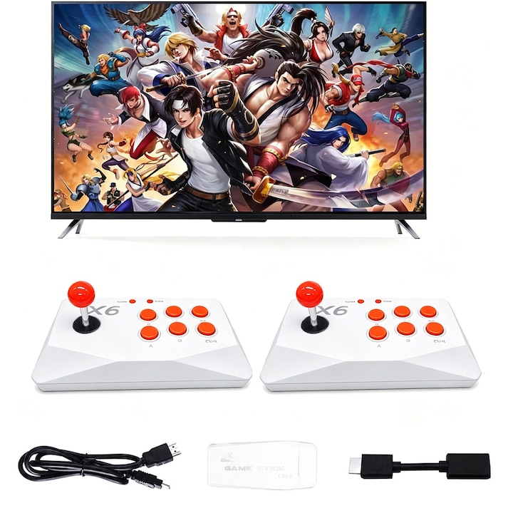 Consola de jocuri retro, Axroad Mall, Consola jocuri tip stick, Cu 2 controler wireless, 20000+ de jocuri incorporate, USB wireless 2.4 GHz, Lesire HDMI de inalta definitie, Suport 2 jucatori, Pentru TV, Monitor, Proiector, ABS, 280*160*42 mm, Alb