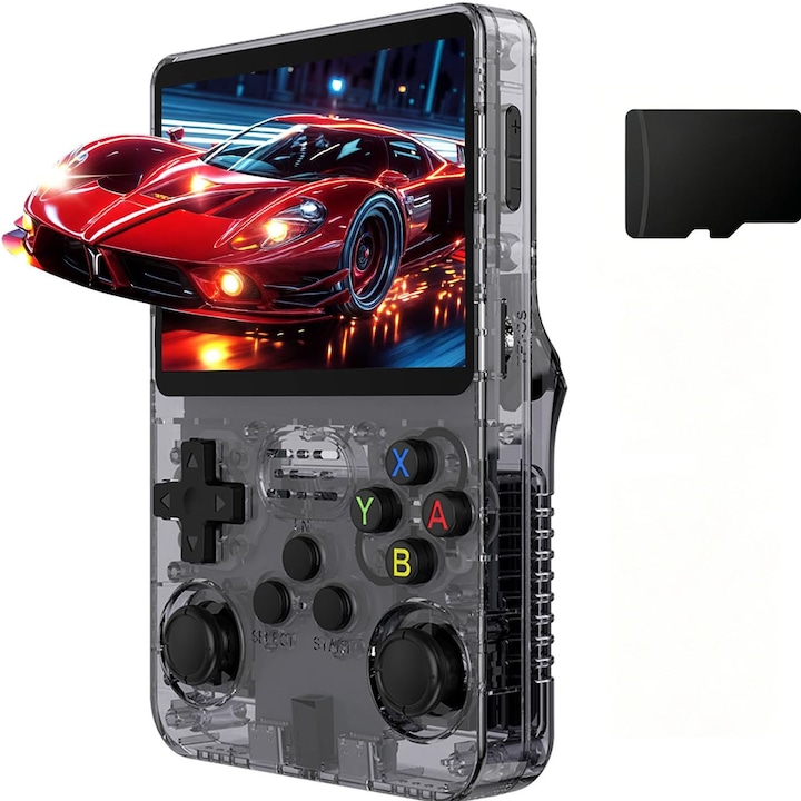 Consola de jocuri portabila retro R36S, Axroad Mall, 15.000+ jocuri preinstalate, 64G, Suport 20 emulatoare, IPS LCD 3.5" 640x480, Sistem linux open source, 256GB TF card, Baterie 3500mAh，Autonomie 4.5h, ABS, 185*80*25 mm, Transparent negru