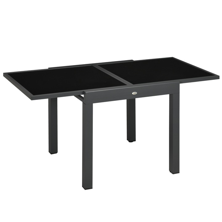 Outsunny Kerti Kihúzható Étkezőasztal Üveg és Alumínium Asztallappal, 80-160x80x75 cm, Fekete