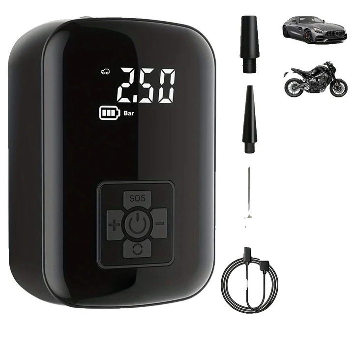 Felfújó pumpa, vezeték nélküli, fekete, LED, 3-150 PSI, kompakt