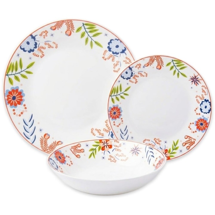 Set de cina Esmene Folk cu 18 piese, farfurii albe pentru 6 persoane, model folk colorat