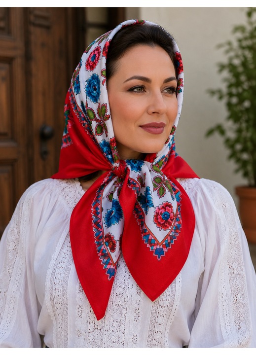 Batic Traditional Pentru Dama 90X90CM Model Rosu Cu Imprimeu Floral