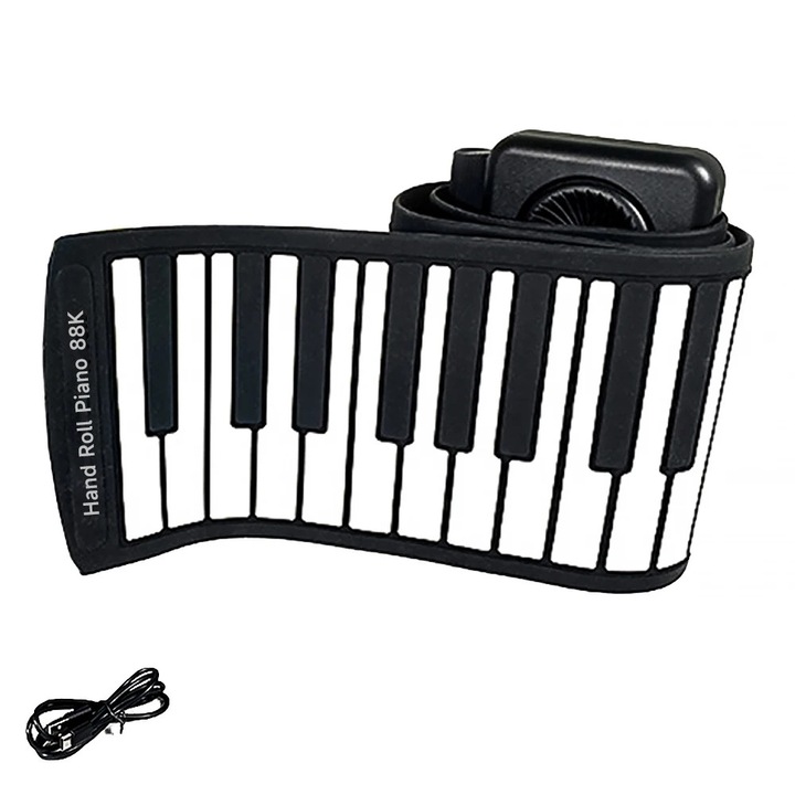 Pian rulabil, Keyboard electronic, 88 de clape, Silicon pliabil, Portabil, Pentru incepatori, Negru/alb