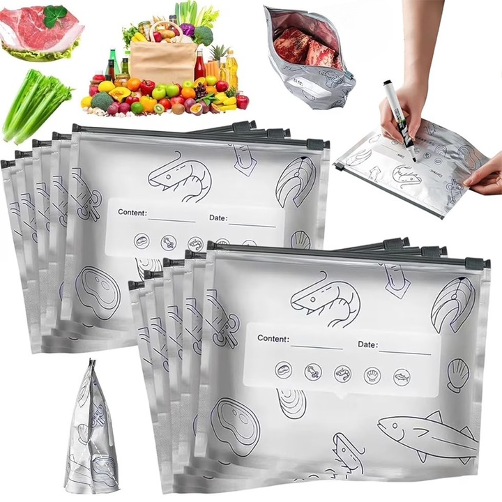 Set de 10 pungi de congelare, cu fermoar, pungi pentru depozitarea alimentelor, pungi de depozitare reutilizabile si etansabile din folie de aluminiu, potrivite pentru depozitarea fructelor de mare, carnii, legumelor & fructelor, Marimea S, 20x13cm