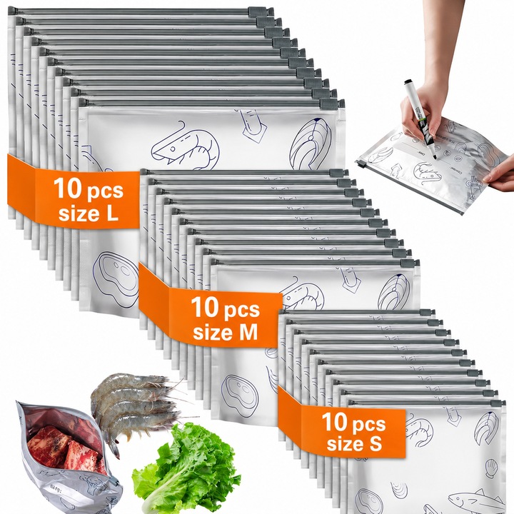 Set de 30 pungi de congelare, cu fermoar, pungi pentru depozitarea alimentelor, pungi de depozitare reutilizabile si etansabile din folie de aluminiu, potrivite pentru depozitarea fructelor de mare, carnii, legumelor & fructelor, 20x13cm, 23x17cm, 25x28cm