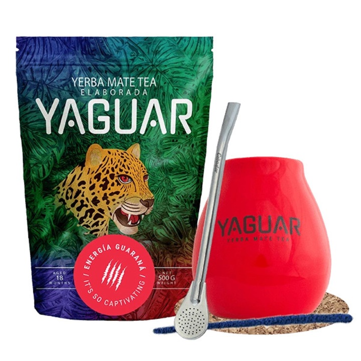 Yerba Mate Készlet, Yaguar, Energia Guarana, 500g, Piros Kerámia Mate Tök 350ml, Bombilla, Parafa Alátét, Tisztítókefe, Prémium Minőség