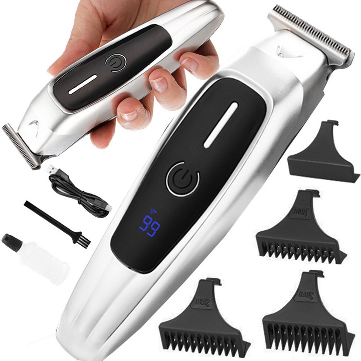 Masina de tuns si barbierit KH002, reglabila, 7W, 3 capete 1 mm, 2 mm, 3 mm, incarcare USB, lame inox, 15 x 4 cm, Negru