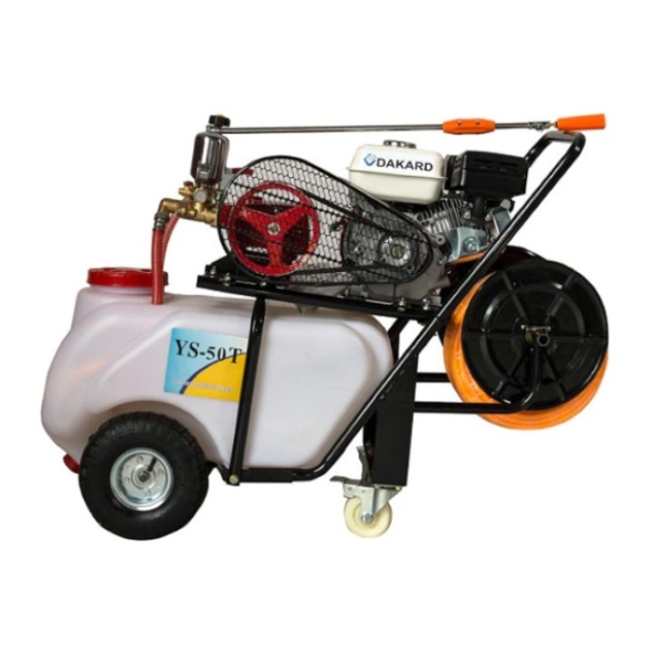 Motostropitoare pe roti DKD YS-60T, motor 6.5 CP, benzina, rezervor 60 l, debit max 26 l/min, lungime furtun 50 m, distanta pulverizare 10 m