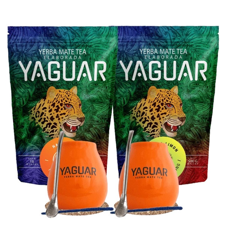Yerba Mate Készlet, Yaguar, Menta Limon, Naranja, 2x500g, 2x Narancssárga Kerámia Mate Tök 350ml, 2x Bombilla, Parafa Alátétek, Tisztítókefék, Prémium Minőség