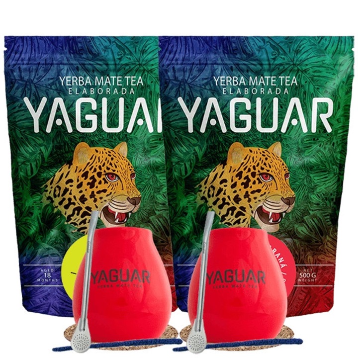 Yerba Mate Készlet, Yaguar, Limon, Energia Guarana, 2x500g, 2x Piros Kerámia Mate Tök 350ml, 2x Bombilla, Parafa Alátétek, Tisztítókefék, Prémium Minőség