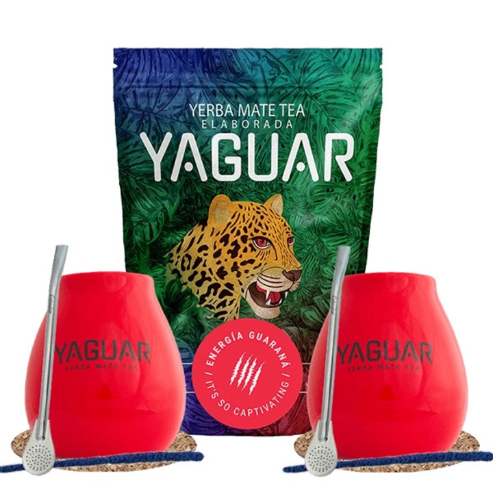 Yerba Mate Készlet, Yaguar, Energia Guarana, 500g, 2x Piros Kerámia Mate Tök 350ml, 2x Bombilla, Parafa Alátétek, Tisztítókefék, Prémium Minőség