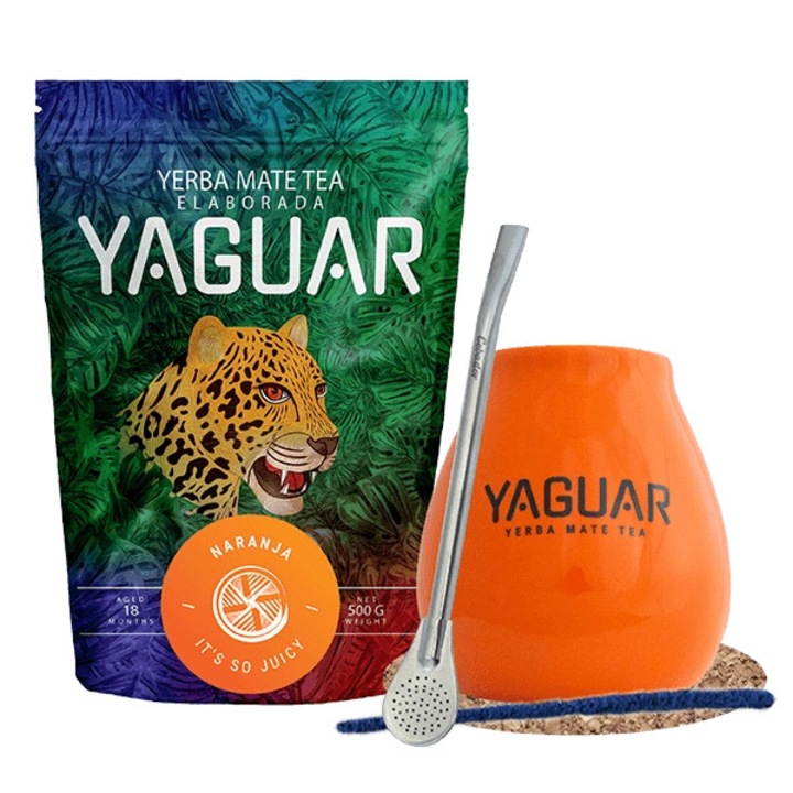 Yerba Mate Készlet, Yaguar, Naranja, 500g, Narancssárga Kerámia Mate Tök 350ml, Bombilla, Parafa Alátét, Tisztítókefe, Prémium Minőség