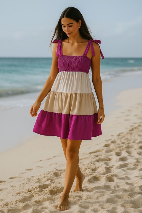 Rochie casual, elastica, bust smock maxim 140 cm, potrivita S-XXL, bretele reglabile, DuoColour fucsia
