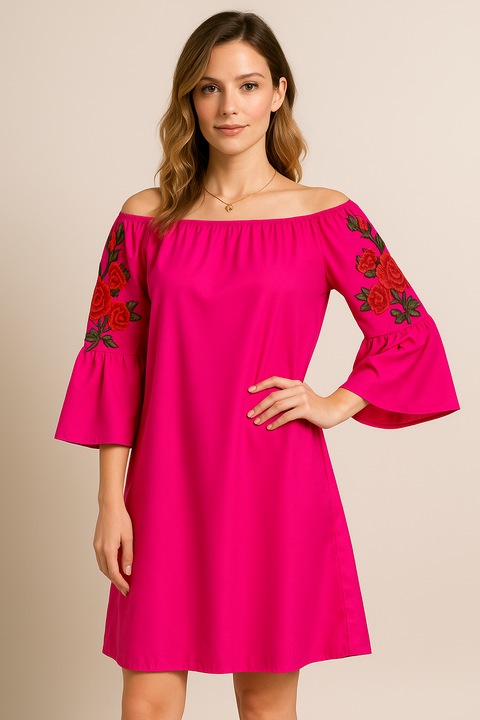Rochie casual, elastica, bust pe umeri, maxim 120 cm, OneSize potrivita S-XXL, maneci cu broderie, Anna roz