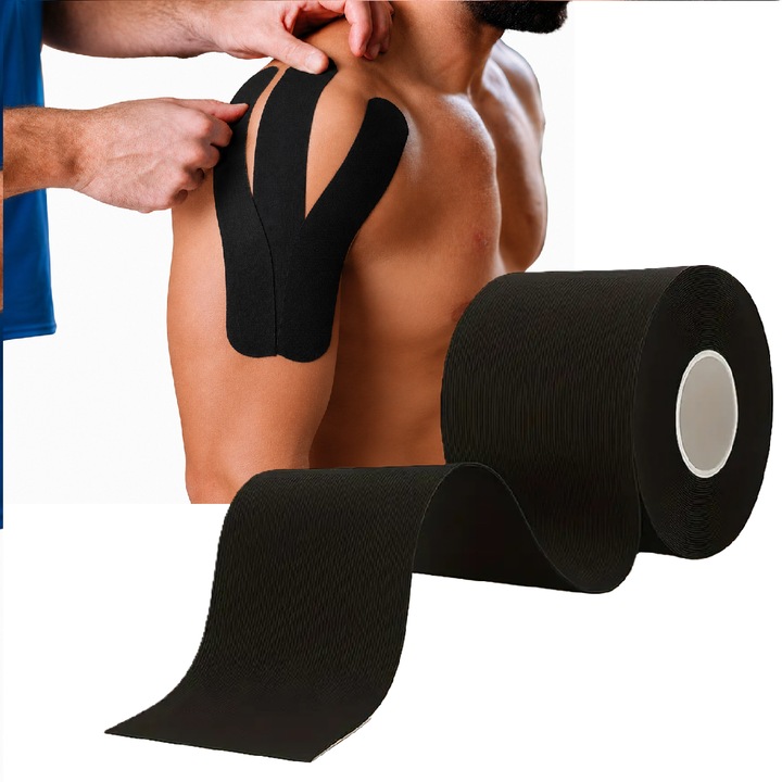 Banda kinesiologica, UBX, 5 cm x 5 m, elastica, hipoalergenica, impermeabila, pentru sport si recuperare, neagra