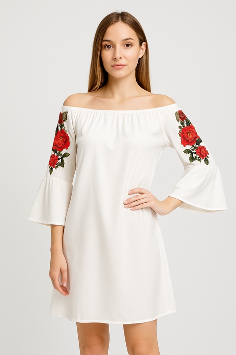 Rochie casual, elastica, bust pe umeri, maxim 120 cm, OneSize potrivita S-XXL, maneci cu broderie, Anna alb