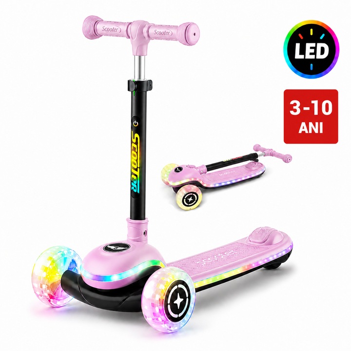 Trotineta cu 3 Roti pentru Copii Invincio® Happy, Lumini LED Interactive pe Platforma, Roti si Tija, Ghidon pliabil si Reglabil pe inaltime, Mecanism Inclinare naturala, 3-10 Ani, Roz Pastel
