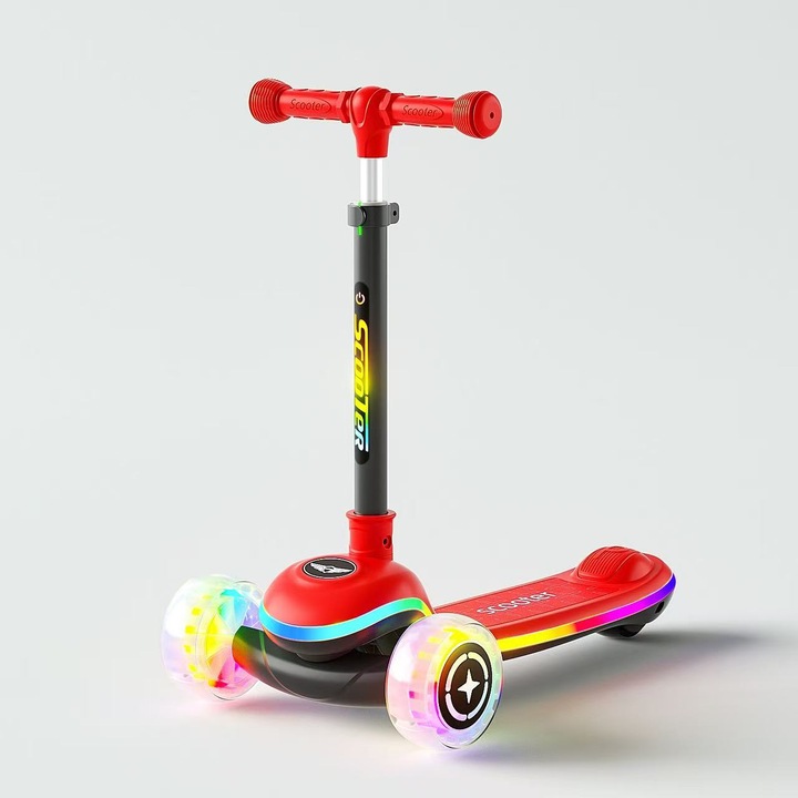 Trotineta Copii 3 Roti Invincio® Happy, Editie cu Lumini LED Complete (Roti/Platforma/Tija), Control Intuitiv prin Inclinare, Materiale Premium Durabile, 3-10 Ani, Rosu Vibrant