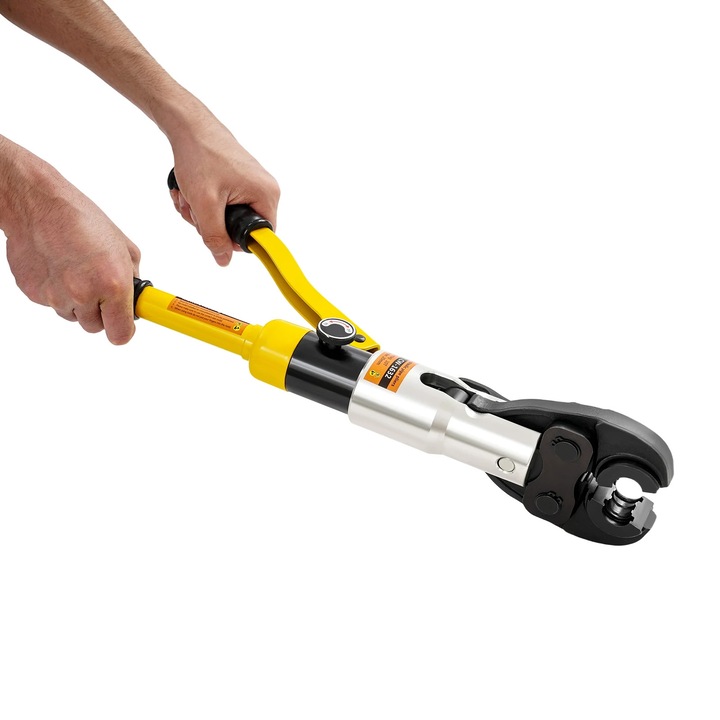 Cleste de sertizare tevi, Hidraulic, Forta 10 t, 5 matrite M12–M28, Sertizare hexagonala, Cursa 20 mm, Pentru tevi de cupru, Cu cutie de scule, Galben
