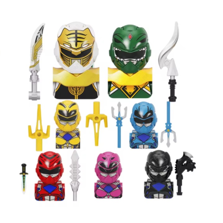 7 darab mini Power Rangers figura készlet, összeszerelhető, többszínű, kis méretű