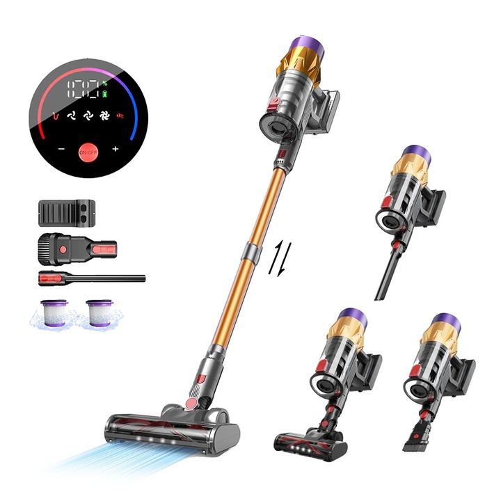 Aspirator vertical 3 in 1 NEXTLY V18, 550W, 3 trepte, 2200mAh, 1.5L, Afisaj digital, Control Touch, perie rotativa flexibila si automata cu iluminare, accesorii, auto si locuinta, filtru HEPA, putere mare, negru-portocaliu