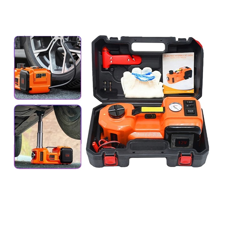 Cric hidraulic auto 1-10 tone cu pompa de umflare 12V 32x25x16cm