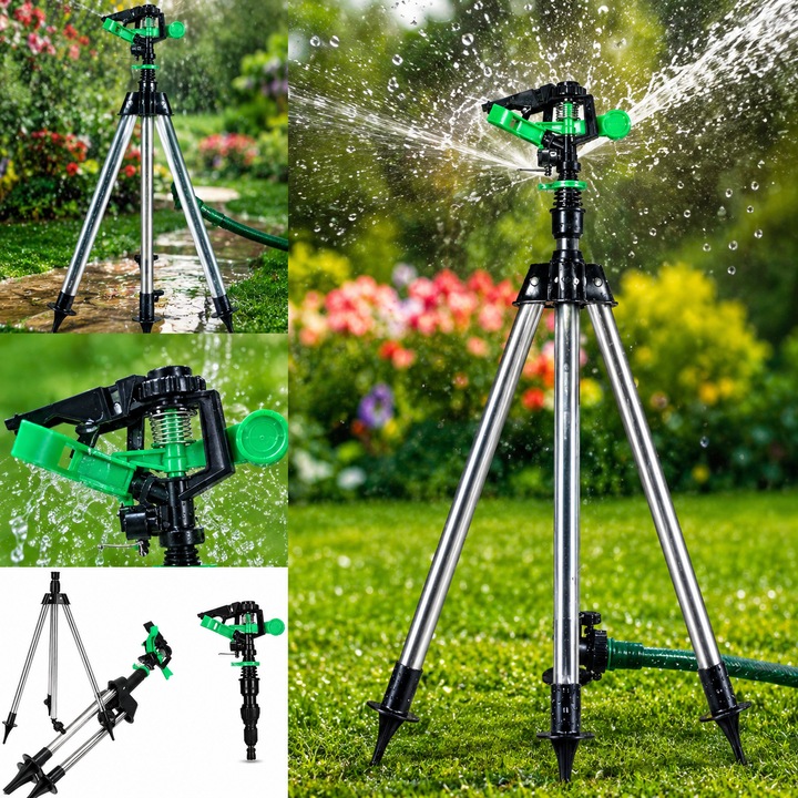 Aspersor Rotativ 360° pentru Gradina, 3 Brate pe Trepied 90 cm, Udare Uniforma pana la 12 m, Sistem Irigare Gazon, Legume si Flori, Reglabil