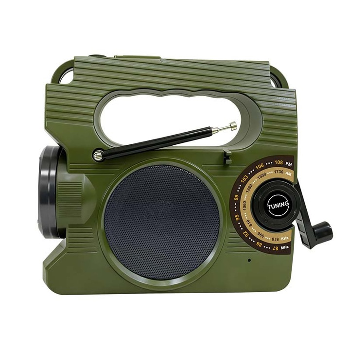 Radio portabil de camping cu lampa LED, radio meteo de urgenta Elworld FM/AM cu manivela, lanterna, incarcare solara, baterie externa de 1800 mAh, verde