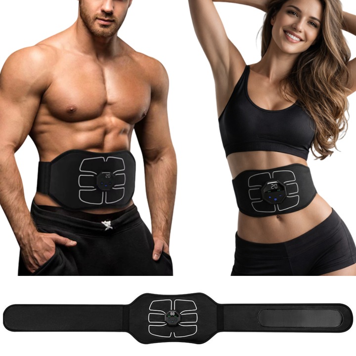 Centura Abdominala Slabit si Muschi INTEXXA®, cu Electrostimulare EMS, Tonifiere Muschulara, Ardere a grasimii abdominale, Antrenament Acasa si Sala, pentru Umeri, Spate, Abdomen, 10 Moduri, 20 de Niveluri, 4 Pad-uri, Negru