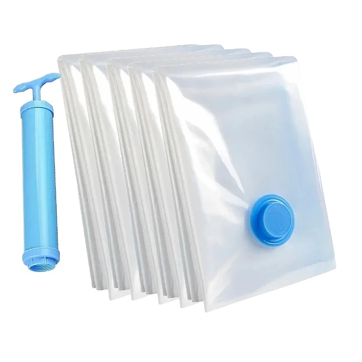 Set 5 saci vidat depozitare, reutilizabili, 80x100cm, cu pompa, transparent