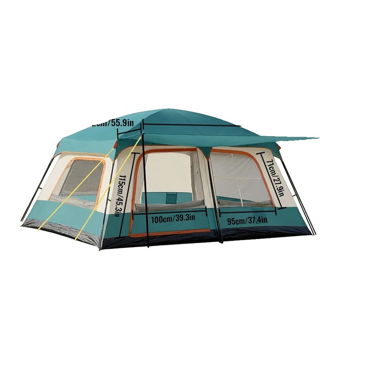 Cort camping, doua compartimente, impermeabil, verde, 180cm inaltime