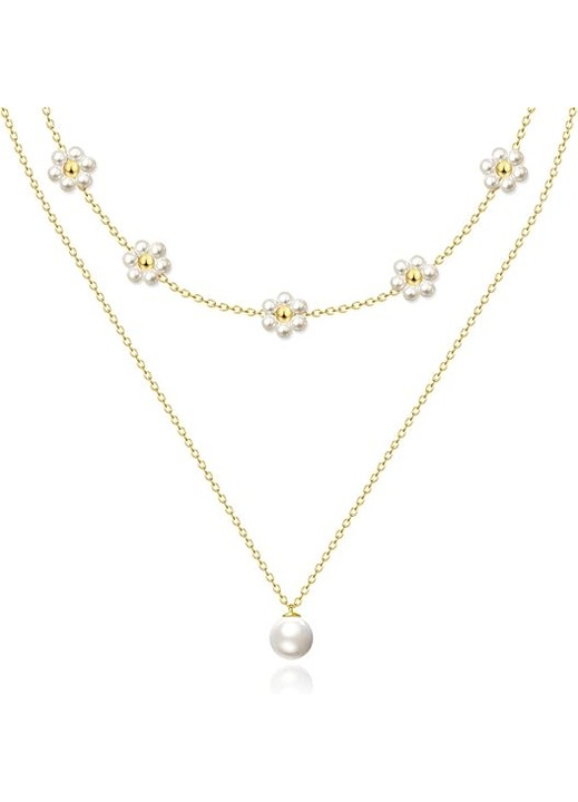 Colier perle stratificat, aur 14K, alb, 16+2cm