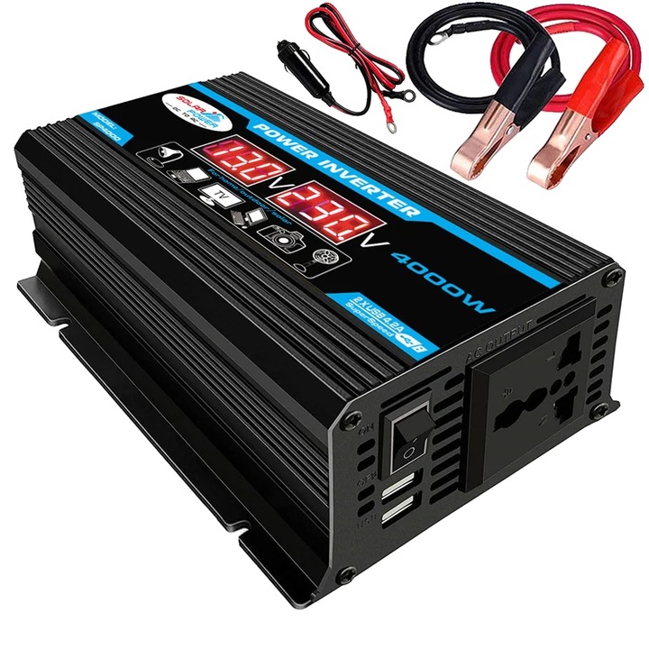 Inverter 300W 4000W, módosított szinusz hullám, fekete, 12V-220V/110V, kettős LCD kijelző