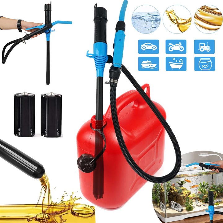 Pompa de transfer portabila, pompa electrica de sifon cu baterii, debit 2, 4 GPM, Cu Lungime Furtun 90cm, 2 baterii marimea D sau 6 baterii AA, pentru Transfer Lichide, Combustibil, Motorina, Benzina, Apa, Vin