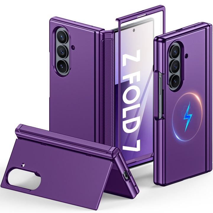 Tok Galaxy Z Fold 7-hez, MagSafe-fel, rejtett támasztékkal, képernyővédelemmel, vékony kialakítással, ütésálló, lila