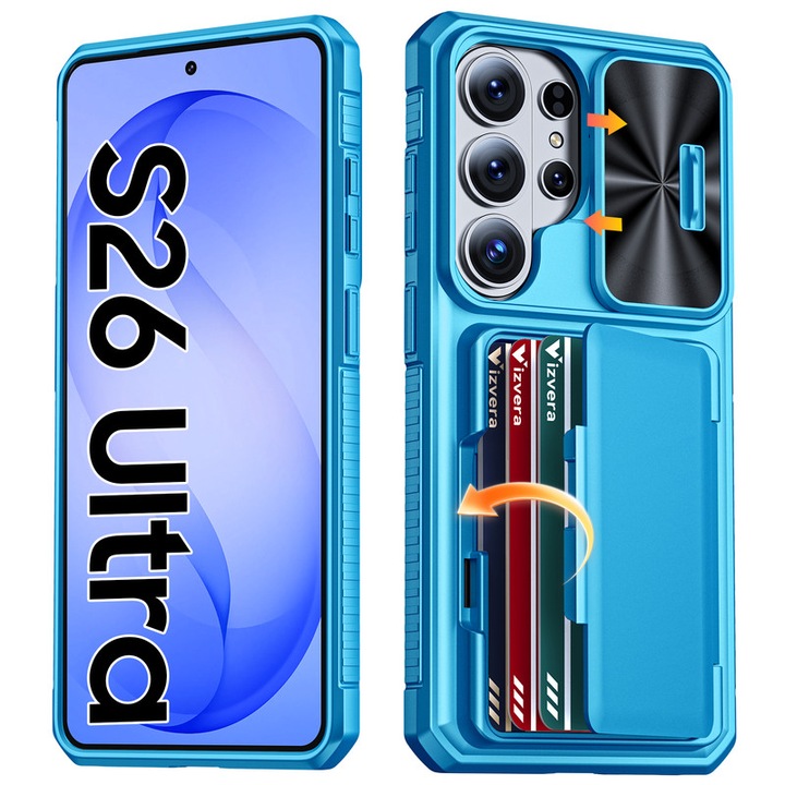 Tok Samsung Galaxy S26 Ultra telefonhoz, RFID kártyatartó, Csúszó kamerafedél, Ütésálló, 360°-os védelem, Állvány, Világoskék