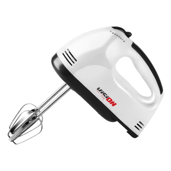 Ръчен миксер Vision Chef VMH260W01, 260W, 7 скорости, аксесоари за разбиване и месене, Бял/Черен