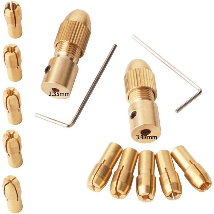 Set collet pentru burghiu electric, mandrine 0.5-3 mm si arbori 2.35/3.17 mm, chei Allen incluse, din cupru, 14 piese