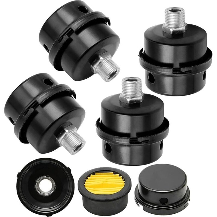 Set 4 filtre silentioase metalice compresor aer 3/8 inch 16mm negre