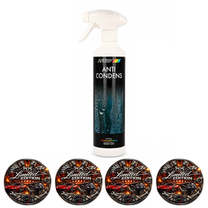 Spray Anti Aburire Geamuri si Oglinzi MOTIP Anti Condens, Fara Solventi, pentru Interior si Exterior Auto, Previne Condensul, 500 ml, 4x Stickere auto