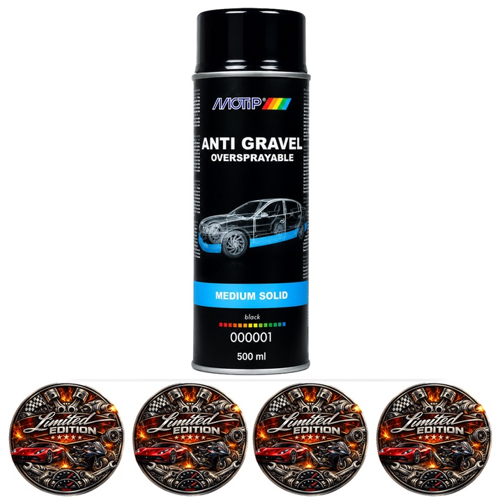 Spray protectie anti pietris MOTIP Stone Chip Spray 500 ml Medium Solid Negru, revopsibil, anticoroziv, fonoabsorbant 4x Stickere auto
