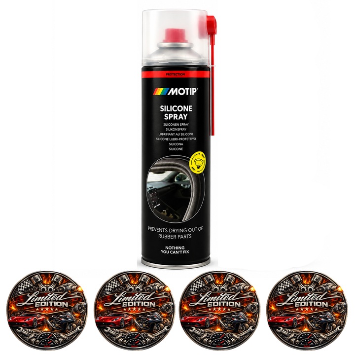 Spray Siliconic MOTIP Silicone Spray, Lubrifiant pentru Cauciuc si Plastic, Hidrofug, pH Neutru, Jet Directionat, Rezistent la Temperatura -50°C pana la +200°C, 500 ml, 4x Stickere auto