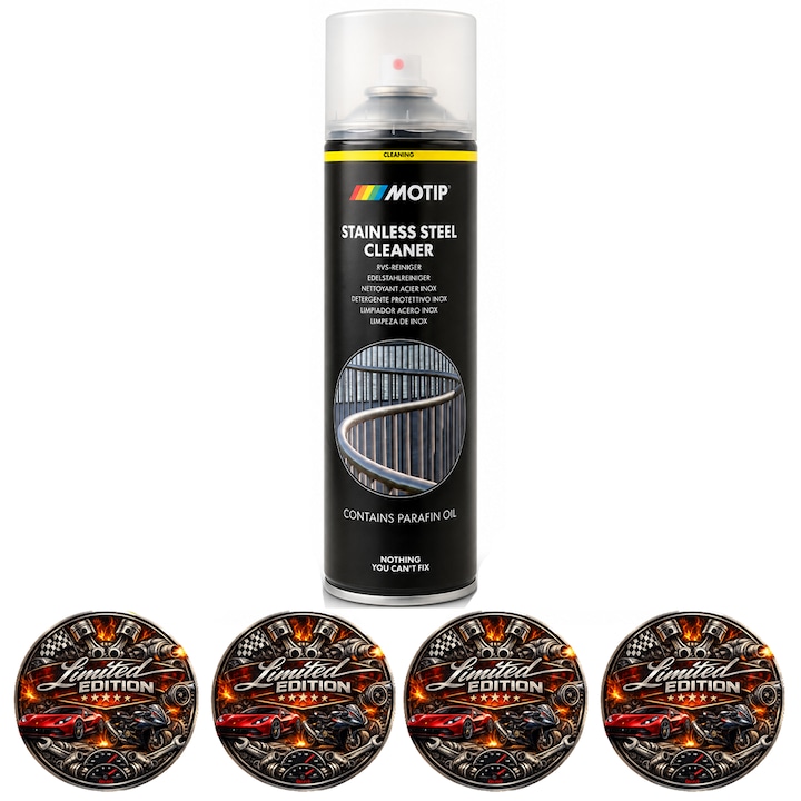 Spray curatare inox MOTIP Stainless Steel Cleaner 500 ml, solutie profesionala pentru luciu, protectie si curatare suprafete din otel inoxidabil 4x Stickere auto
