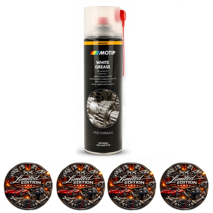 Spray Vaselina Alba cu PTFE MOTIP White Grease, pentru Metal si Plastic, Lubrifiere Profesionala, Aderenta Excelenta, Hidrofug, Rezistent -30°C pana la +160°C, 500 ml, 4x Stickere auto